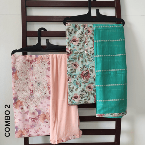 SUPER SAVER COMBO 2: Light Bluish Green Fancy Soft Silk Cotton & Pastel Pink Semi Linen unstitched Salwar material (INHY18 & DC230911)