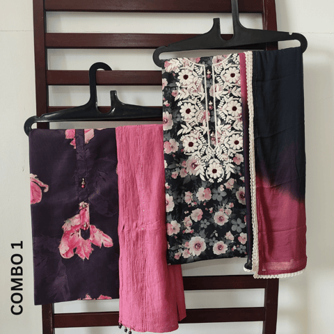 SUPER SAVER COMBO 1: Dark Purple Fancy Silk Cotton  & Black Semi Linen cotton unstitched Salwar materials (OC23222 & NV231626)
