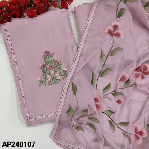 CODE AP240107 : Lavender premium soft silk cotton unstitched salwar material,embroidery work on yoke,panel kind crochet lace on front(thin,lining needed)matching bottom,brush painted chiffon dupatta with lace tapings.