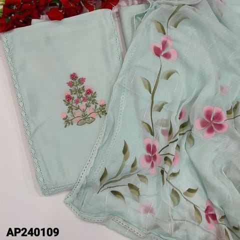 CODE AP240109 : Pastel blue premium soft silk cotton unstitched salwar material,embroidery work on yoke,panel kind crochet lace on front(thin,lining needed)matching bottom,brush painted chiffon dupatta with lace tapings.