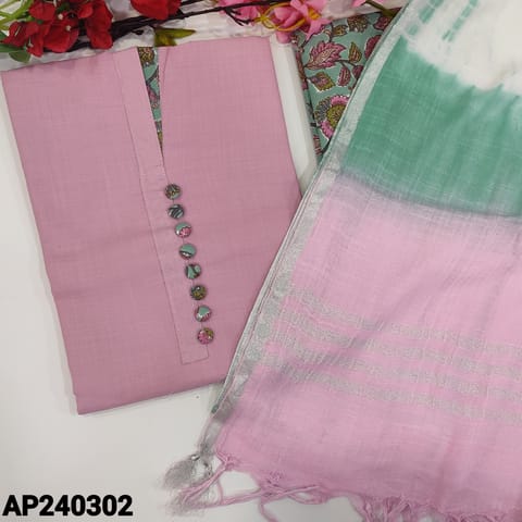 CODE AP240302 : Pastel pink spun cotton unstitched salwar material,fancy buttons on yoke,hand block printed cotton bottom,shibori dyed fancy silk cotton dupatta with tassels.