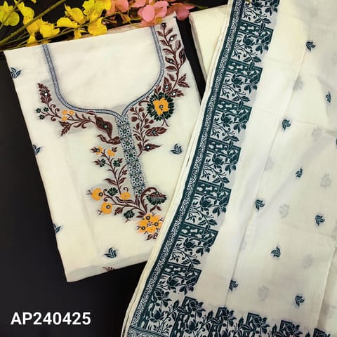 CODE AP240425 : Half white handloom silk cotton unstitched salwar material, jamdani weaving pattern on front(soft, lining needed)matching drum dyed fabric provided for lining, NO BOTTOM, jamdani weaving designed dupatta(REQUIRED TAPINGS).