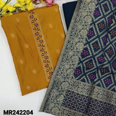 CODE MR242204 : Mehani yellow silk cotton unstitched salwar material,embroidered&sequins work on yoke(silky,lining needed)floral embroidered on front,kota lace work on daman,navy blue spun cotton bottom,fancy silk cotton dupatta with rich borders.