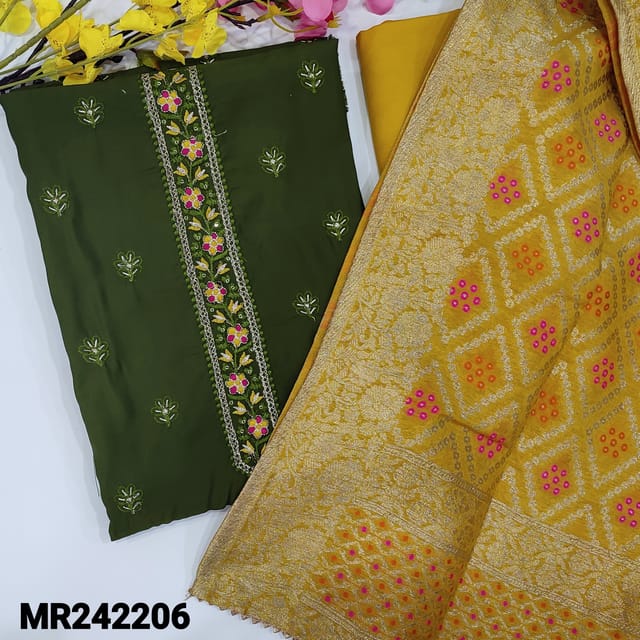CODE MR242206 : Dark green silk cotton unstitched salwar material,embroidered & sequins work on yoke(silky,lining needed)floral embroidered on front,kota lace work on daman,mehandi yellow spun cotton bottom,fancy silk cotton dupatta with rich borders.