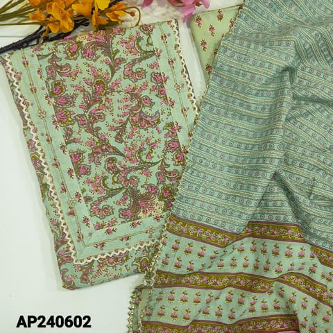 CODE AP240602 : Pastel green pure cotton unstitched salwar material,heavy work on yoke,printed all over(lining optional)printed cotton bottom,crinkled soft mul cotton dupatta with kota lace tapings.