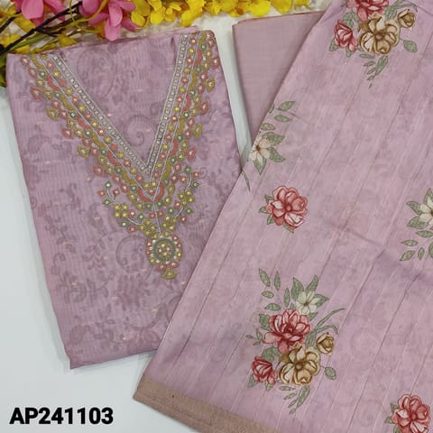 CODE AP241103 : Pastel pink silk cotton unstitched  salwar material,v neck embroidered on yoke ,printed all over(thin, lining needed)zari buttas all over, matching spun cotton bottom, floral printed silk cotton dupatta with zari woven borders.