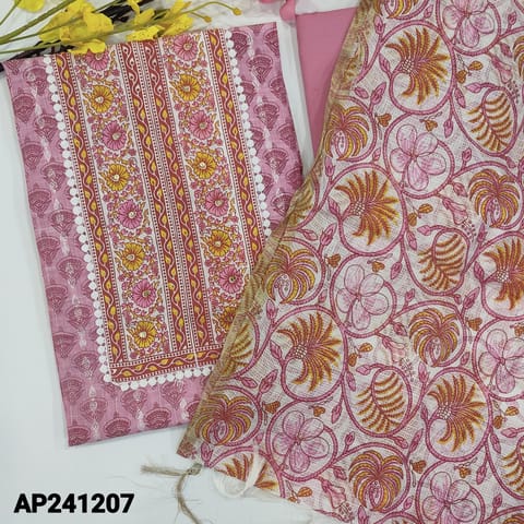 CODE AP241207 : Pink premium slub cotton unstitched salwar material, floral printed yoke patch with lace&sequins detailing(thin,lining needed)matching cotton bottom,block printed pure kota cotton dupatta with gold zari borders (TAPINGS REQUIRED).