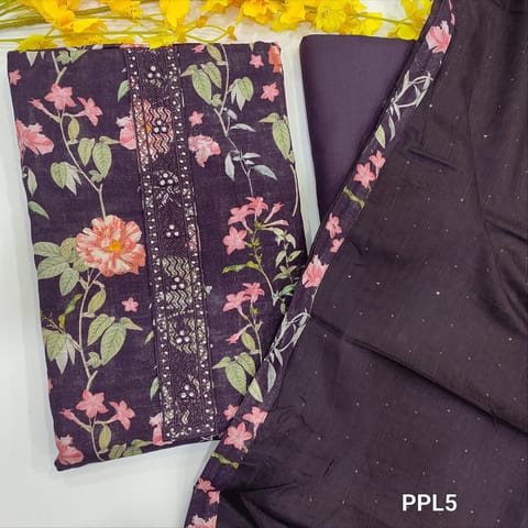 CODE PPL5 : Dark purple semi linen unstitched salwar material, floral printed all over, yoke with thread &faux mirror work(lining needed)matching spun cotton bottom, soft silk cotton dupatta with thread sequins work &printed tapings.