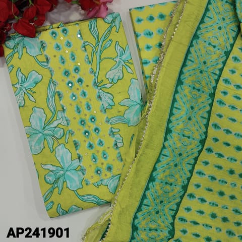 CODE AP241901 : Light green pure soft cotton unstitched salwar material, sequins work on yoke, floral printed all over(lining optional)RICH DAMAN BORDER, printed cotton bottom, crinkled pure mul cotton dupatta with kota lace tapings.