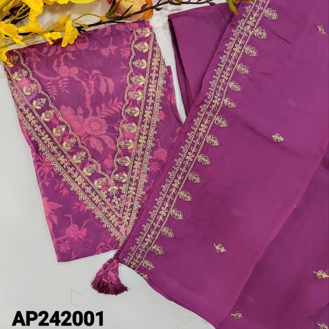 CODE AP242001 : Designer Purple pure organza unstitched salwar material, v neck with zari & sequins work(thin, lining needed) matching santoon bottom, pure organza short width dupatta with zari & sequins work.