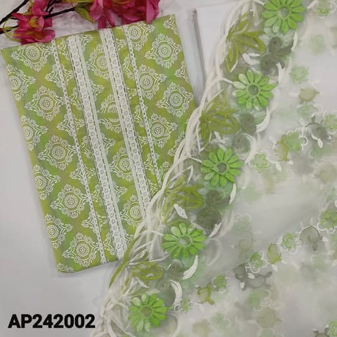 CODE AP242002 : Green shaded cotton unstitched salwar material, lace work on yoke, printed all over(lining optional)piping on daman, white cotton bottom, embroidered fancy organza dupatta with cut work edges.