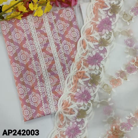 CODE AP242003 : Pink shaded cotton unstitched salwar material, lace work on yoke, printed all over(lining optional)piping on daman, white cotton bottom, embroidered fancy organza dupatta with cut work edges.