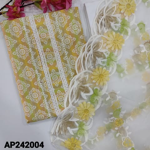 CODE AP242004 : Yellow shaded cotton unstitched salwar material, lace work on yoke, printed all over(lining optional)piping on daman, white cotton bottom, embroidered fancy organza dupatta with cut work edges.
