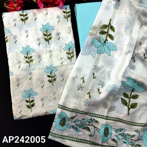 CODE AP242005 : White pure soft cotton unstitched salwar material, floral printed all over, embroidered on front(thin, lining needed)embroidered & cut work edges on daman, printed pastel blue cotton bottom, printed cotton dupatta.