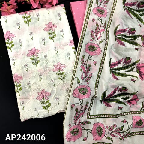 CODE AP242006 : White pure soft cotton unstitched salwar material, floral printed all over, embroidered on front(thin, lining needed)embroidered & cut work edges on daman, printed pastel pink cotton bottom, printed cotton dupatta.