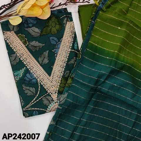 CODE AP242007 : Dark peacock green premium modal masleen unstitched salwar material, floral printed all over,yoke with heavy zari work,parrot green silky bottom,dual shaded silk cotton dupatta with fine zari lines,sequins and printed tapings.