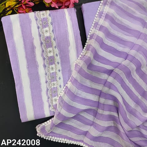 CODE AP242008 : White & lavender pure cotton unstitched salwar material, cutdana &thread work on yoke, block printed(lining needed)lace work on daman, pure drum dyed cotton bottom, pure chiffon dupatta with lace tapings.