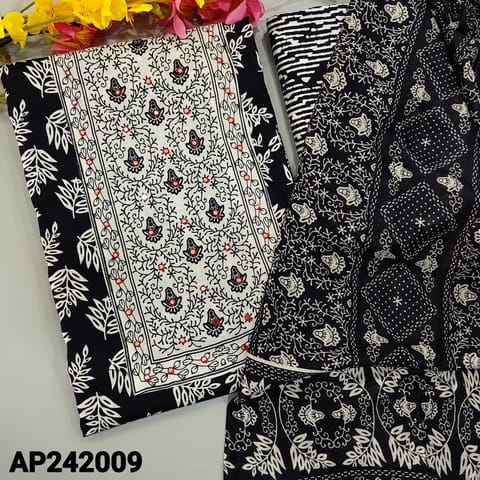 CODE AP242009 : Black base pure cotton unstitched salwar material, faux mirror work on yoke, printed all over(lining optional)printed cotton bottom, printed soft mul cotton dupatta (REQUIRED TAPINGS).