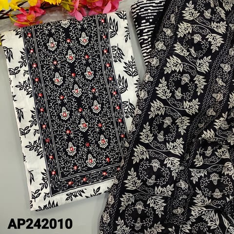 CODE AP242010 : White base pure cotton unstitched salwar material, faux mirror work on yoke, printed all over(lining optional)printed cotton bottom, printed soft mul cotton dupatta (REQUIRED TAPINGS).