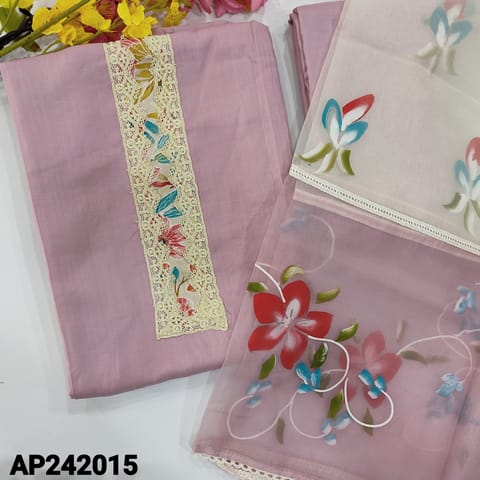 CODE AP242015 : Light purplish pink liquid fabric fancy lace work on yoke, embroidered on front(soft, lining needed)matching liquid fabric bottom, dual shaded fancy organza dupatta with brush painted & lace tapings.
