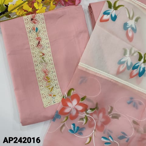 CODE AP242016 : Pastel pink liquid fabric fancy lace work on yoke, embroidered on front(soft, lining needed)matching liquid fabric bottom, dual shaded fancy organza dupatta with brush painted & lace tapings.