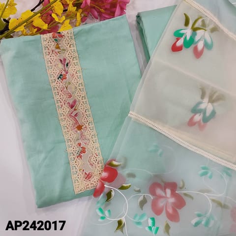 CODE AP242017 : Pastel blue liquid fabric fancy lace work on yoke, embroidered on front(soft, lining needed)matching liquid fabric bottom, dual shaded fancy organza dupatta with brush painted & lace tapings.