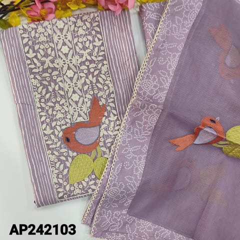 CODE AP242103 :Light purple soft cotton unstitched salwar material, bird embroidery work on yoke(lining optional)vertical print all over, bandhini printed soft cotton bottom, bird embroidered super net dupatta with printed border& lace tapings.