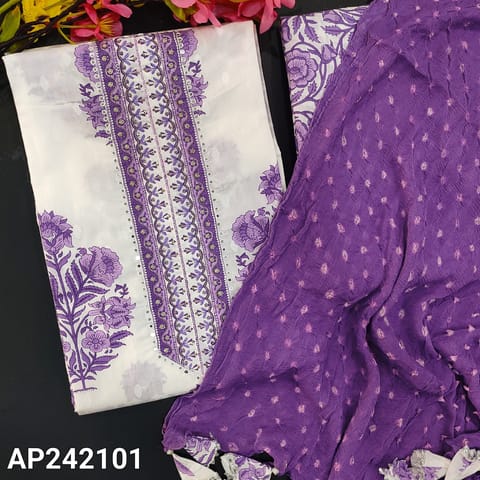 CODE AP242101 : White premium cotton unstitched salwar material, rich work on yoke, floral printed all over(thin, lining needed)printed daman border, printed pure cotton bottom, original bandhini worked pure chiffon dupatta with hand made tassels.