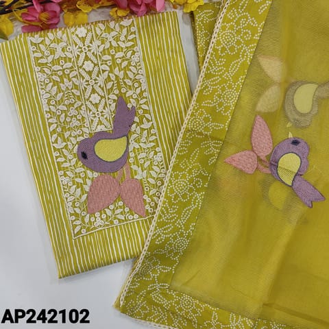 CODE AP242102 : Mehandhi yellow soft cotton unstitched salwar material, bird embroidery work on yoke(lining optional)vertical print all over, bandhini printed soft cotton bottom, bird embroidered super net dupatta with printed border& lace tapings.
