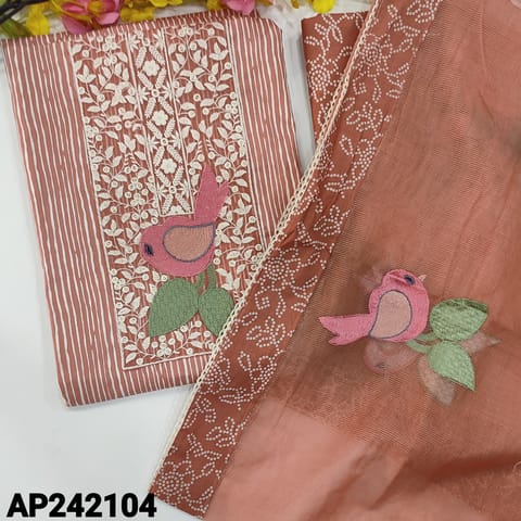 CODE AP242104 : Dark peachish pink soft cotton unstitched salwar material, bird embroidery work on yoke(lining optional)vertical print all over, bandhini printed soft cotton bottom, bird embroidered super net dupatta with printed border& lace tapings.