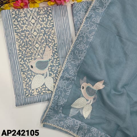 CODE AP242105 : Bluish grey soft cotton unstitched salwar material, bird embroidery work on yoke(lining optional)vertical print all over, bandhini printed soft cotton bottom, bird embroidered super net dupatta with printed border& lace tapings.
