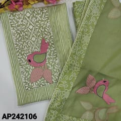 CODE AP242106 : Light green soft cotton unstitched salwar material, bird embroidery work on yoke(lining optional)vertical print all over, bandhini printed soft cotton bottom, bird embroidered super net dupatta with printed border& lace tapings.