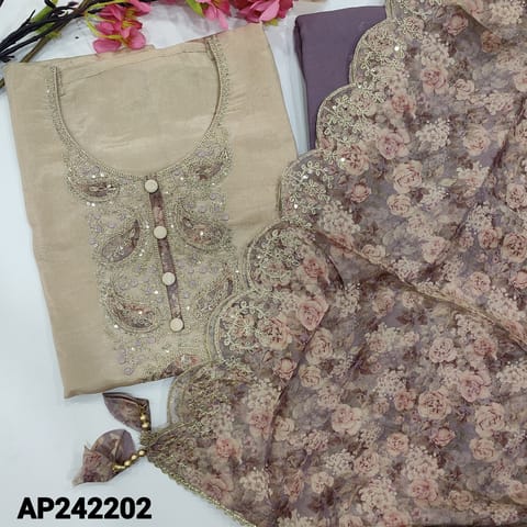 CODE AP242202 : Beige with golden tint pure tissue organza silk unstitched salwar material, rich work on yoke(shiny, lining needed)Mauve santoon bottom, floral printed pure tissue organza dupatta with lace tapings & cut work edges.
