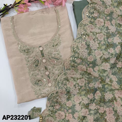 CODE AP242201 : Beige with golden tint pure tissue organza silk unstitched salwar material, rich work on yoke(shiny, lining needed)Cement green santoon bottom, floral printed pure tissue organza dupatta with lace tapings & cut work edges.