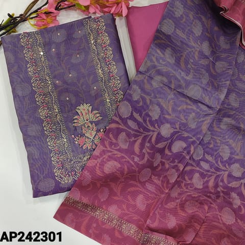 CODE AP242301 : Purple & pink silk cotton unstitched salwar material, zardozi& thread detailing on yoke(thin, lining needed)digital printed daman border, matching spun cotton bottom, silk cotton dupatta with printed borders.