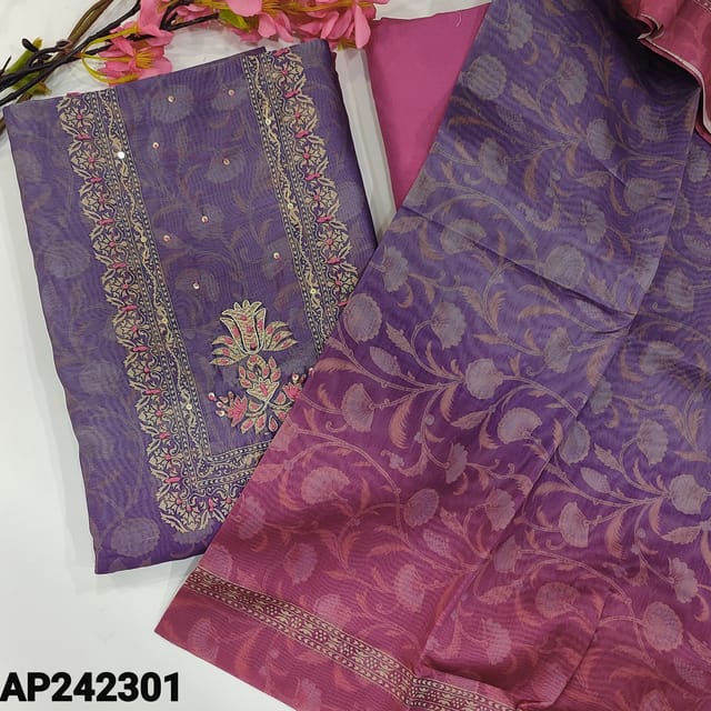CODE AP242301 : Purple & pink silk cotton unstitched salwar material, zardozi& thread detailing on yoke(thin, lining needed)digital printed daman border, matching spun cotton bottom, silk cotton dupatta with printed borders.