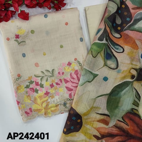 CODE AP242401 : Beige premium linen unstitched salwar material, printed all over, rich embroidery on daman with cut work edges(textured, lining needed)matching pure cotton fabric provided for lining, NO BOTTOM, brush painted pure linen dupatta.