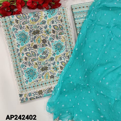 CODE AP242402 : Designer blue premium cotton unstitched salwar material, heavy work on yoke, floral printed all over(lining optional)printed cotton bottom, pure chiffon dupatta with original tie and dye with tassels.