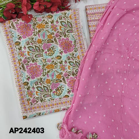 CODE AP242403 : Designer pink premium cotton unstitched salwar material, heavy work on yoke, floral printed all over(lining optional)printed cotton bottom, pure chiffon dupatta with original tie and dye with tassels.