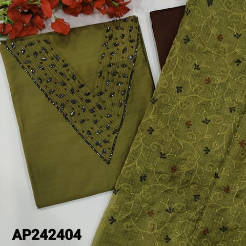 CODE AP242404 : Olive green soft silk cotton unstitched salwar material, v neck with pintex detailing(lining needed)brown silk cotton bottom, kota dupatta with embroidered with tassels.