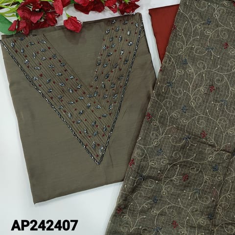 CODE AP242407 : Dark greyish brown soft silk cotton unstitched salwar material, v neck with pintex detailing(lining needed) reddish maroon silk cotton bottom, kota dupatta with embroidered with tassels.