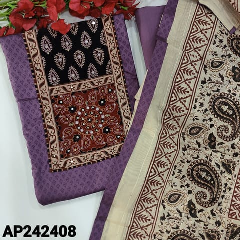 CODE AP242408 : Purple satin cotton unstitched salwar material,block printed yoke patch with faux mirror&sequins work,printed all over(lining optional)matching cotton provided for lining,NO BOTTOM,block printed soft silk cotton dupatta with tapings.