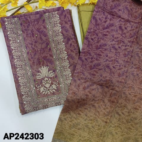 CODE AP242303 : Purple & green silk cotton unstitched salwar material, zardozi& thread detailing on yoke(thin, lining needed)digital printed daman border, matching spun cotton bottom, silk cotton dupatta with printed borders.