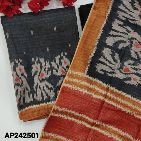 CODE AP242501 : Black semi tussar unstitched salwar material, ikat printed all over(thin, lining needed)pattola printed on daman, matching silky bottom, semi tussar dupatta with pattola print & tassels.