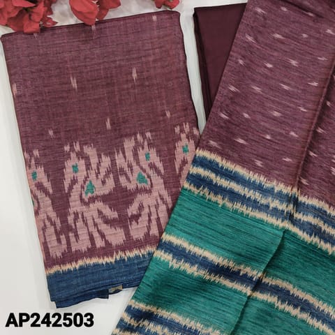 CODE AP242503 : Beetroot purple semi tussar unstitched salwar material, ikat printed all over(thin, lining needed)pattola printed on daman, matching silky bottom, semi tussar dupatta with pattola print & tassels.