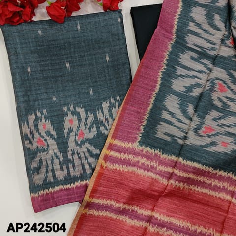 CODE AP242504 : Bluish grey semi tussar unstitched salwar material, ikat printed all over(thin, lining needed)pattola printed on daman, matching silky bottom, semi tussar dupatta with pattola print & tassels.