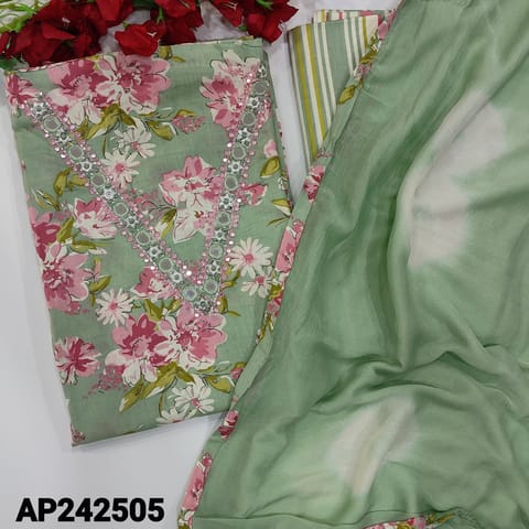 CODE AP242505 : Pastel green pure cotton unstitched salwar material, v neck with real & faux mirror work, floral printed all over(thin, lining needed)vertical striped cotton bottom, shibori dyed chiffon dupatta with printed tapings.