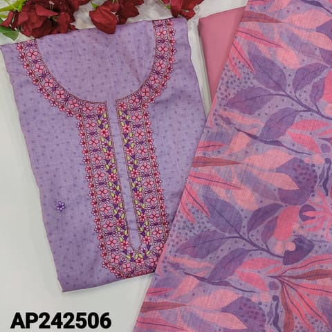 CODE AP242506 : Purple designer premium slub cotton unstitched salwar material, heavy embroidery on yoke, polka dots all over(lining needed)pastel pink spun cotton bottom, premium linen dupatta with zari woven borders.