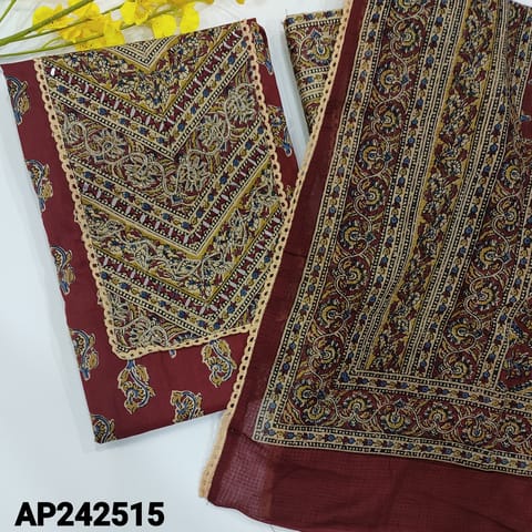 CODE AP242515 : Dark maroon premium soft cotton unstitched salwar material, kalamkari yoke with real mirror detailing, printed all over(lining optional)kalamkari printed cotton bottom, pure kota cotton dupatta with lace tapings.