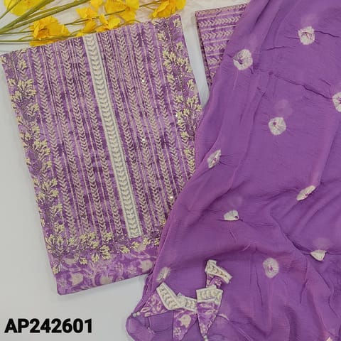 CODE AP242601 : Designer  purple premium cotton unstitched salwar material, thread and bead work on yoke, printed all over(lining optional)printed cotton bottom, bandhini dyed pure chiffon short width dupatta with tassels.
